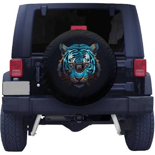 Tiger in blue and orange with woodcut inspired gra Spare Tire Covers