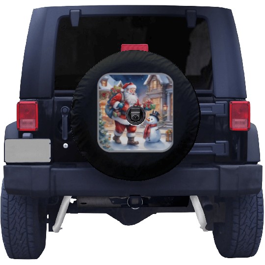 Santa Claus and a snowman distributes gifts. Spare Tire Covers