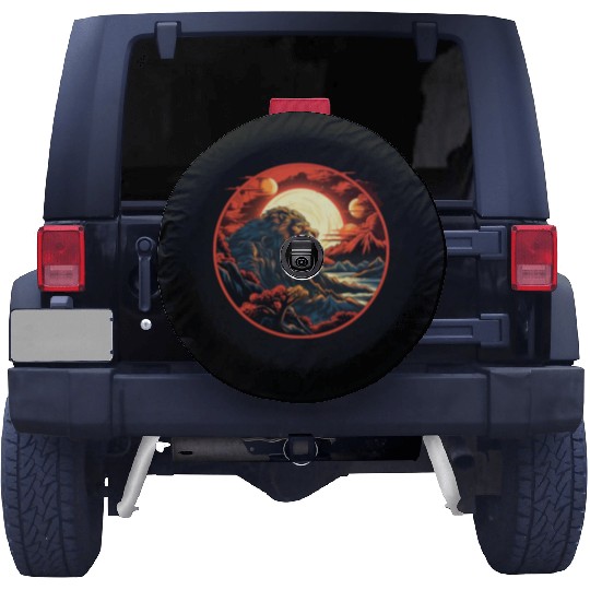 Red Japanese Style Mountain Lion Art Spare Tire Covers