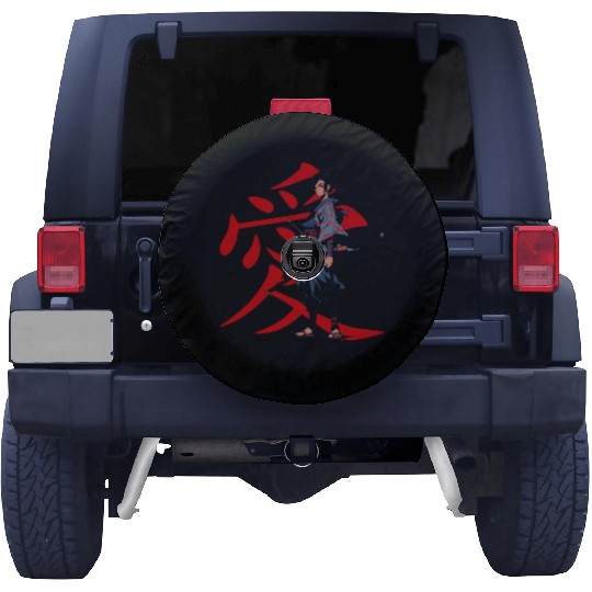 Samurai and sword and text red color Spare Tire Covers