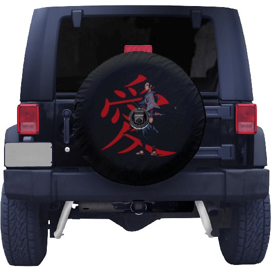 Samurai and sword and text red color Spare Tire Covers