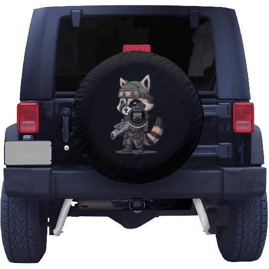 Angry wild raccoon with gun Spare Tire Covers