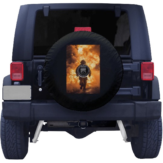 Firefighter in burning fire - Fire fighter head Spare Tire Covers