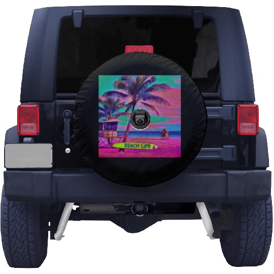 Neon Beach Life Scene 90's Vibes - Surfboard, Sand Spare Tire Covers