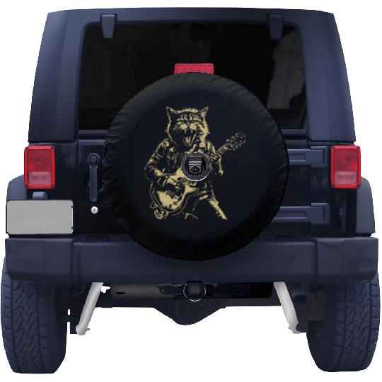 Meow Cat Playing Guitar Instruments Cartoon Spare Tire Covers