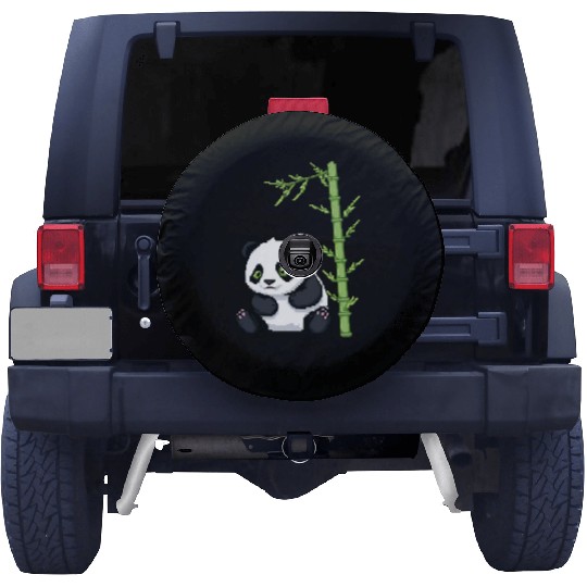 A pixel art of a panda with a bamboo leaf Spare Tire Covers