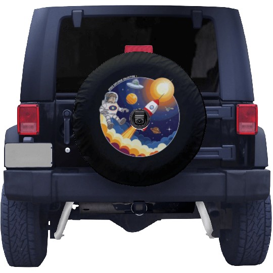 rocket, astronaut, UFO, and satellite in space Spare Tire Covers