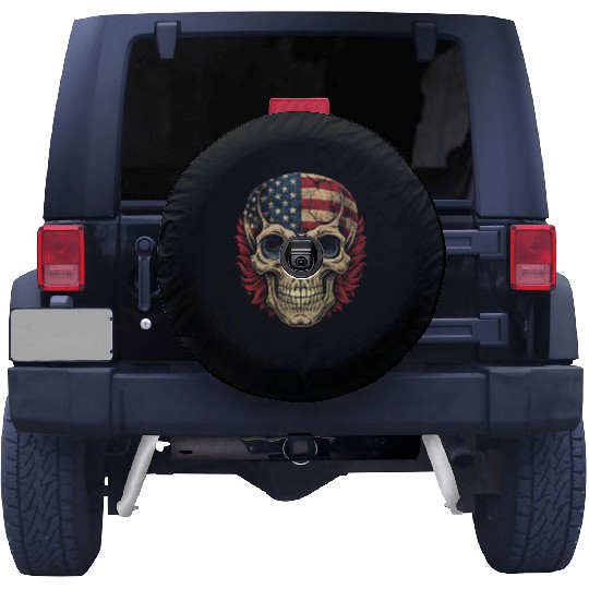 vintage skull, usa flag skull Spare Tire Covers