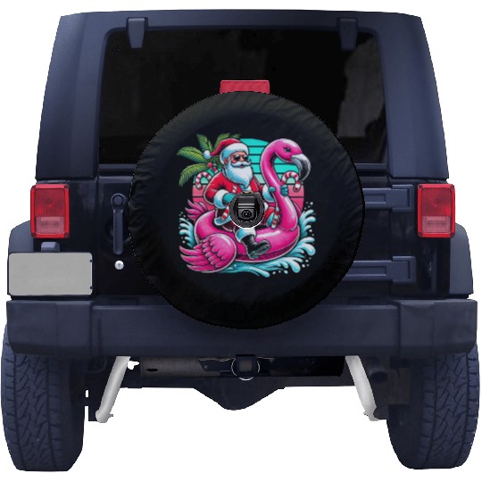 Santa Riding Flamingo in Tropical Christmas Fun Spare Tire Covers