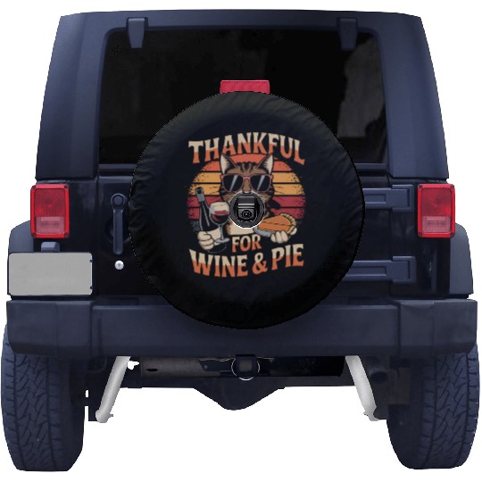 Cat with Wine and Pie - Thanksgiving Feast Happine Spare Tire Covers