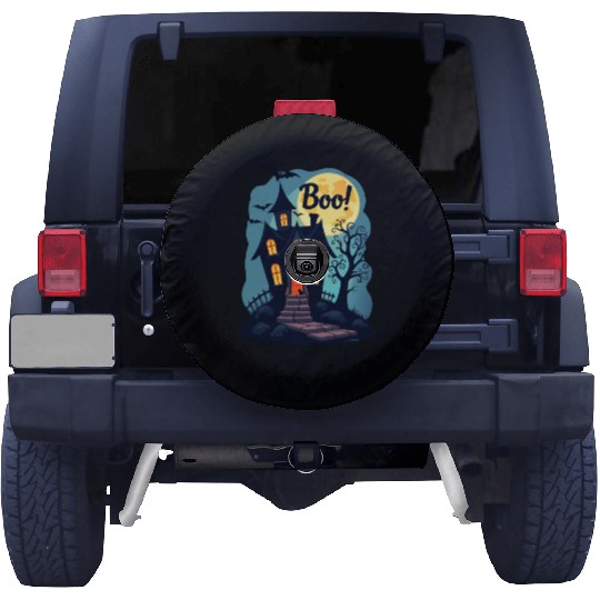 spooky haunted house with a black cat sitting Spare Tire Covers