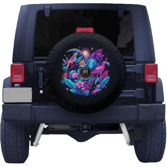Neon Tropical Jungle at Night – Bright Pink Leaves Spare Tire Covers