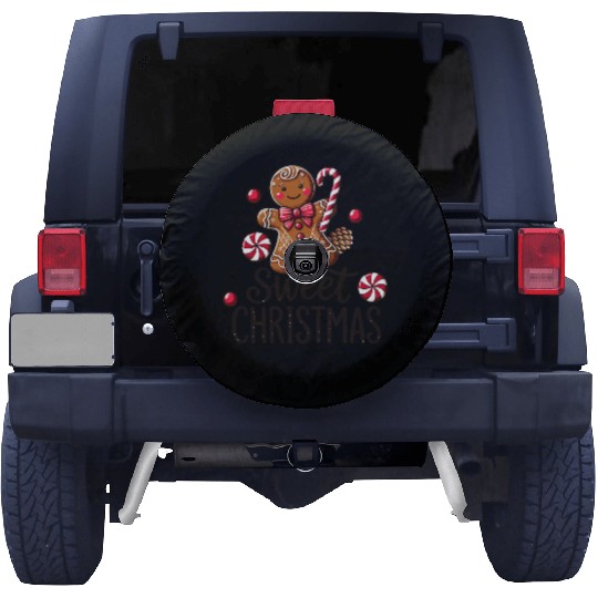 Happy gingerbread man with candy cane Spare Tire Covers