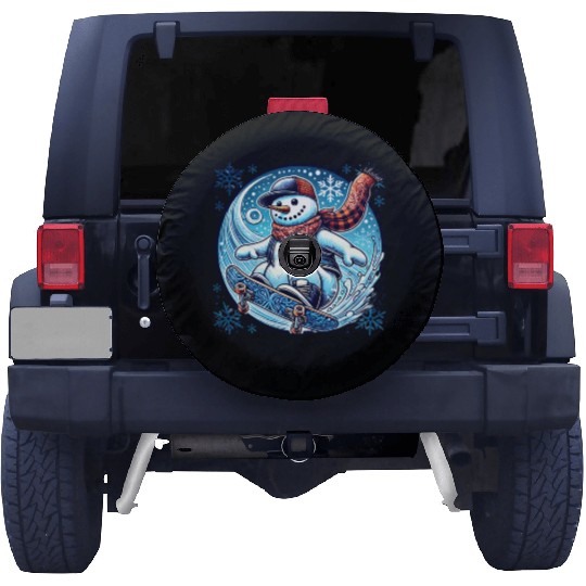 Skateboarding Snowman: Bandana, Board & Snowflakes Spare Tire Covers