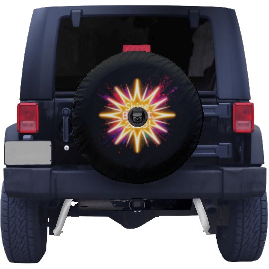 A large starburst glowing in neon light with 2025 Spare Tire Covers