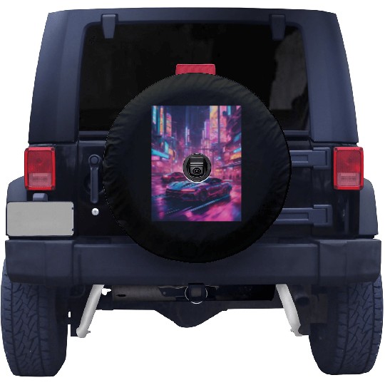 Street racers in downtown Tokyo Vaporwave Spare Tire Covers