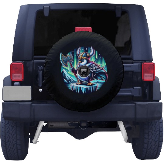 Viking Penguin with Axe Under Northern Lights Spare Tire Covers