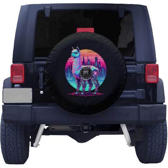 Futuristic Cyber Llama in Neon Cityscape Spare Tire Covers