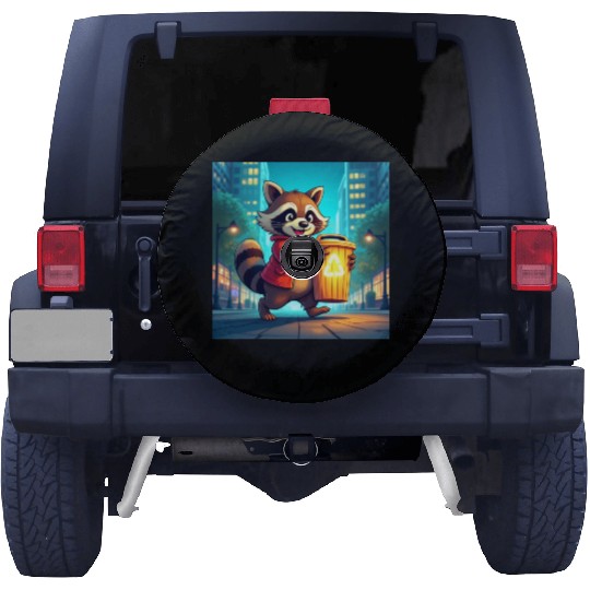 Cartoon Raccoon Recycling in City Spare Tire Covers