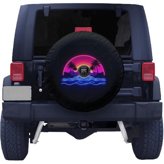 Neon Sunset Over Tropical Island Spare Tire Covers