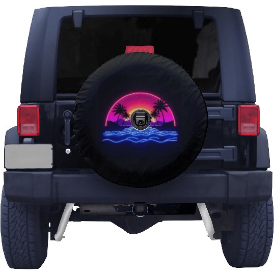 Neon Sunset Over Tropical Island Spare Tire Covers