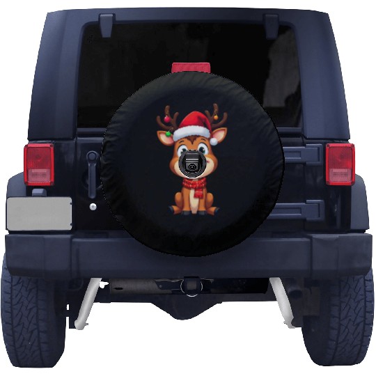 Festive Reindeer Cartoon with Santa Hat Spare Tire Covers