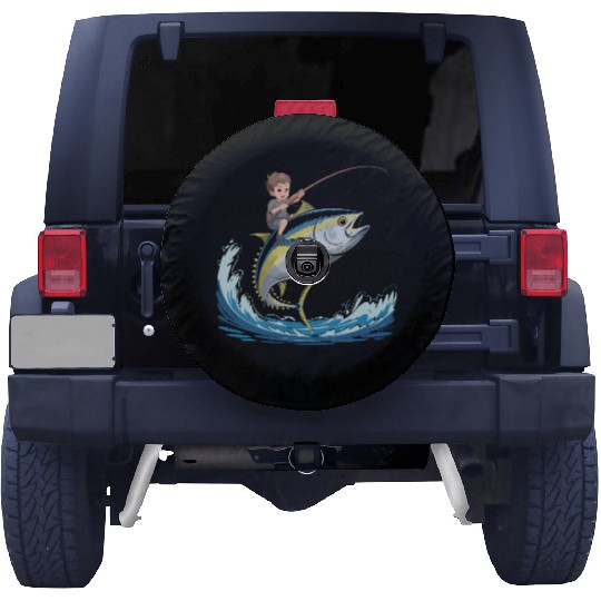 Joyful young boy rides massive jumping tuna Spare Tire Covers