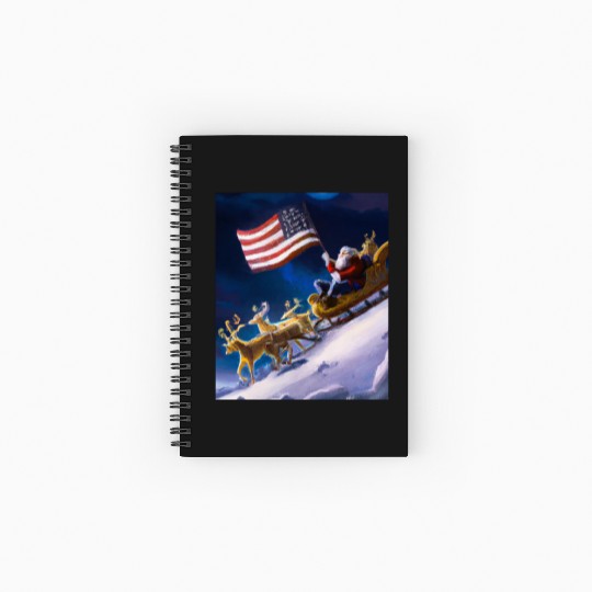 Patriotic Christmas Santa With US Flag Sled And Spiral Notebooks   Ruled Line