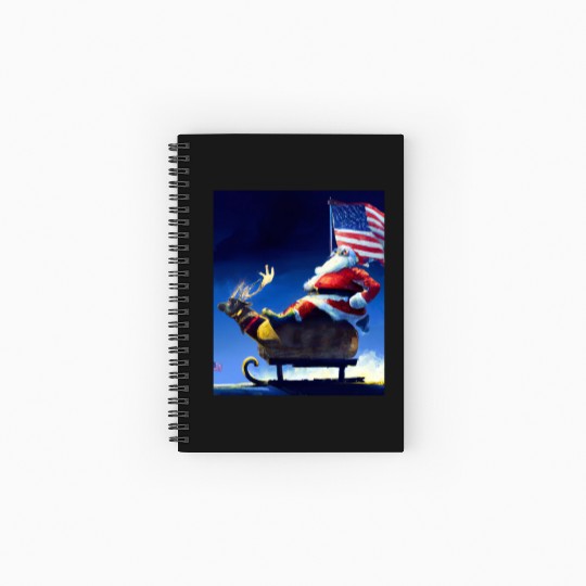 Patriotic Christmas Santa With US Flag Sled And Spiral Notebooks   Ruled Line