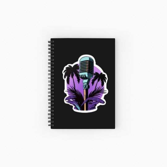Microphone surrounded by palm trees, flat colors, Spiral Notebooks   Ruled Line