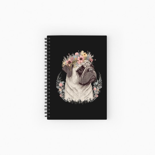 Cute Pug Flower Crown Pet Dog Breed Floral Puppy Spiral Notebooks   Ruled Line
