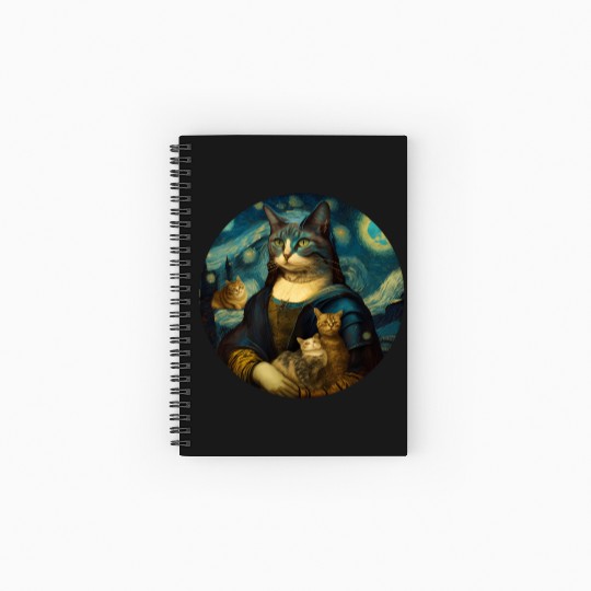 Mona Lisa With Cats Starry Night Van Gogh Painting Spiral Notebooks   Ruled Line
