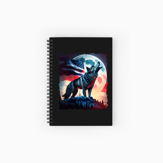 America wolf under Moon with American Flag Spiral Notebooks   Ruled Line