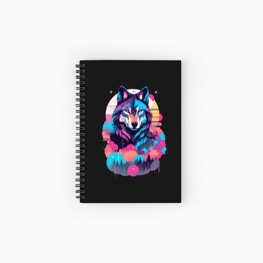 Vaporwave Wolf Spiral Notebooks   Ruled Line - Neon Blue Eyes