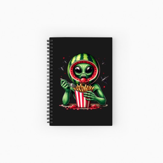 Alien with watermelon helmet eats fries Spiral Notebooks   Ruled Line