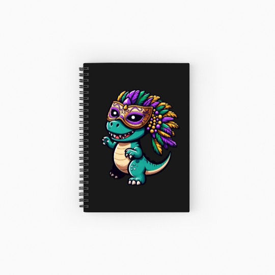 Mardi Gras T-Rex Dino: Mask and Beads Spiral Notebooks   Ruled Line
