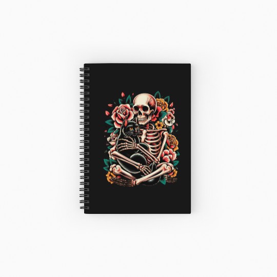 Skeleton Black Cat Floral Old School Vintage Spiral Notebooks   Ruled Line