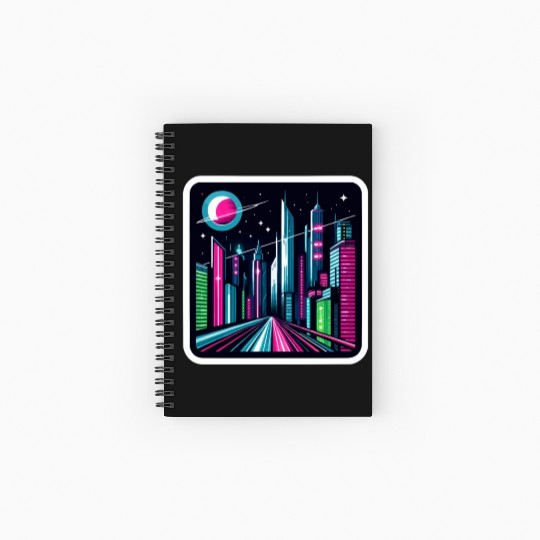 Futuristic cityscape Retro Synthwave Cyberpunk Spiral Notebooks   Ruled Line