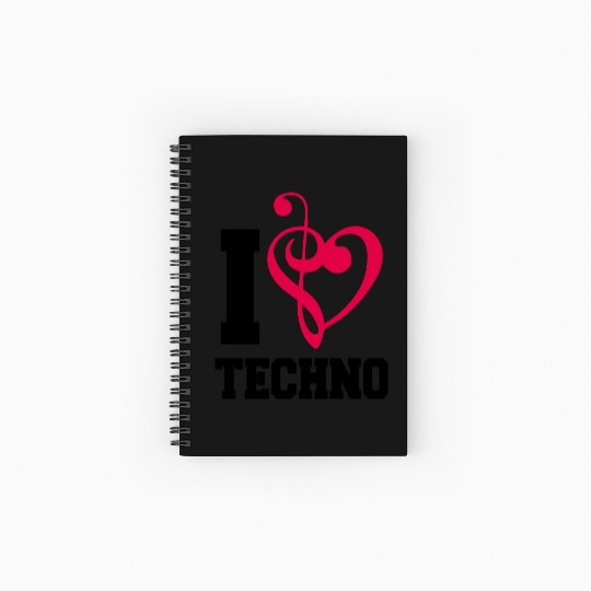 I Love Techno Music Party DJ Clef Bass Note Heart Spiral Notebooks   Ruled Line