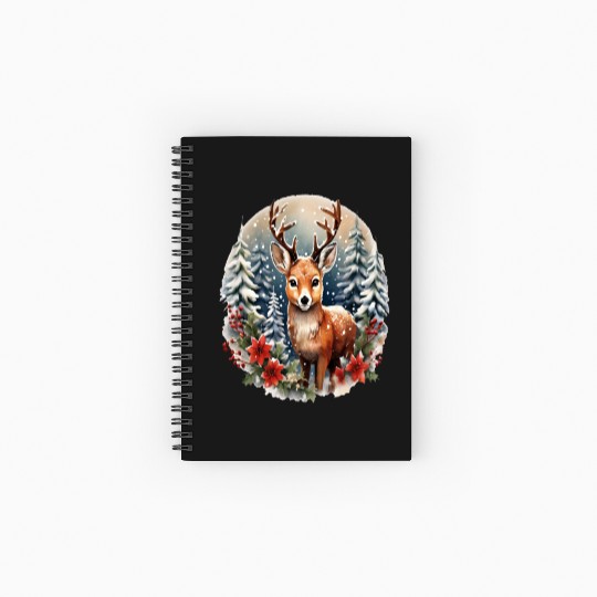 Christmas Deer with Poinsettia and Snow Spiral Notebooks   Ruled Line