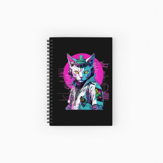 Neon Cyberpunk Warrior Cat Spiral Notebooks   Ruled Line
