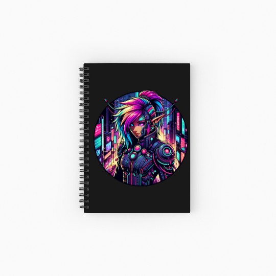 Neon Cyberpunk Elf in Futuristic Cityscape Spiral Notebooks   Ruled Line
