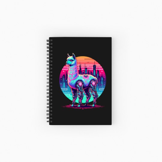 Futuristic Cyber Llama in Neon Cityscape Spiral Notebooks   Ruled Line