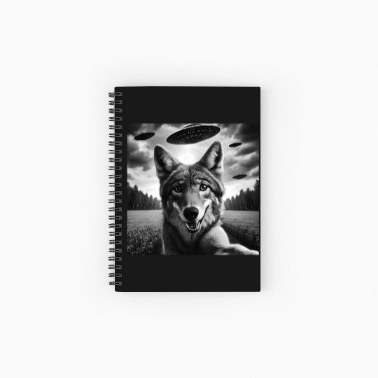 Wolf Coyote Funny Graphic Selfie with UFOs Weird A Spiral Notebooks   Ruled Line
