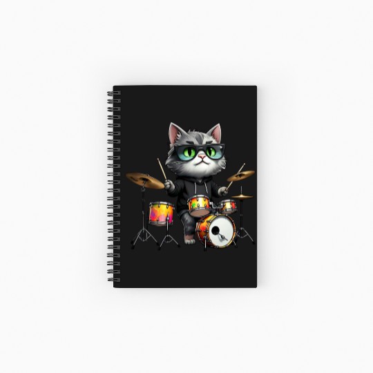 Gray Cat with Neon Drums Spiral Notebooks   Ruled Line