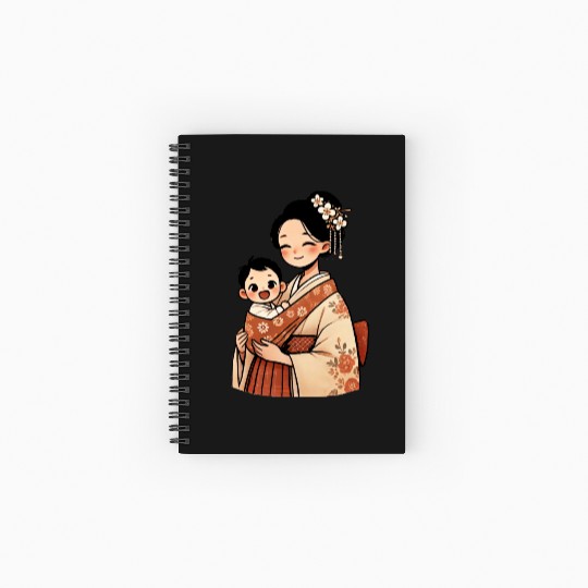 Elegant Asian Woman in Kimono Holding Baby Spiral Notebooks   Ruled Line