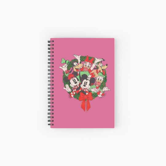 Vintage Disney Mickey and Friends Group Shot Christmas Wreath Retro Spiral Notebooks   Ruled Line