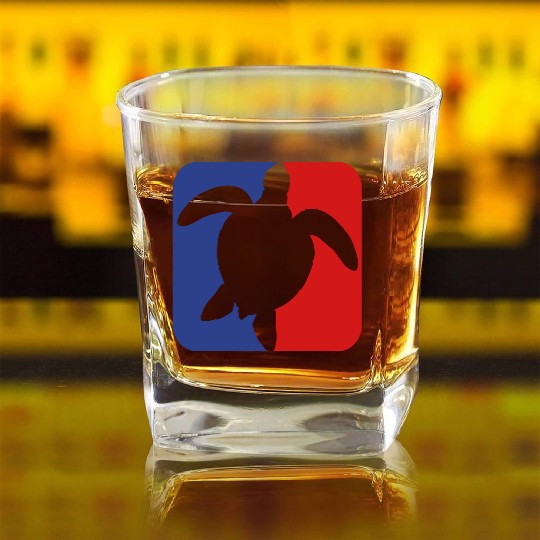 red blue square button sea turtle silhouette outli Square Whiskey Glasses