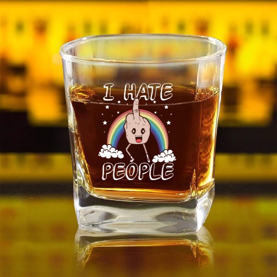 I Hate People Middle Finger Funny Rainbow Gift Square Whiskey Glasses