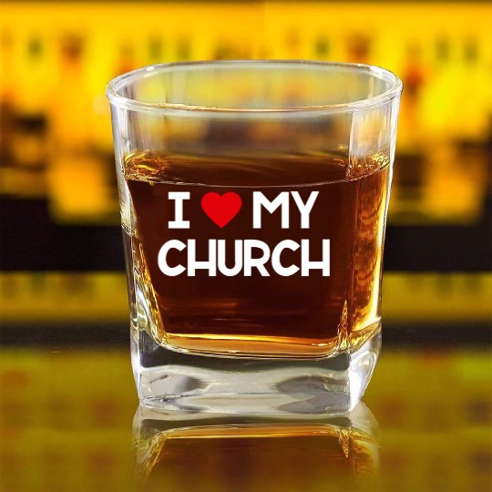 I Love My Church, Heart, Bible, Christian, Square Whiskey Glasses
